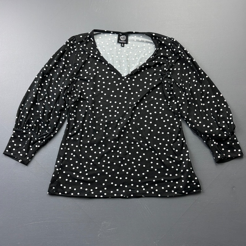 Bobeau Womens M Black White Polka Dot V-Neck Blouse Long Sleeve Boho Casual Wear